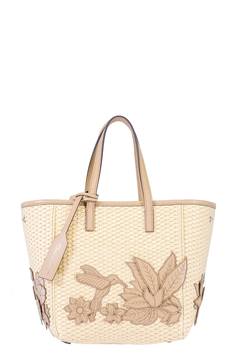 OSCAR DE LA RENTA-Small Floral Applique Square Tote-NAT/COGN