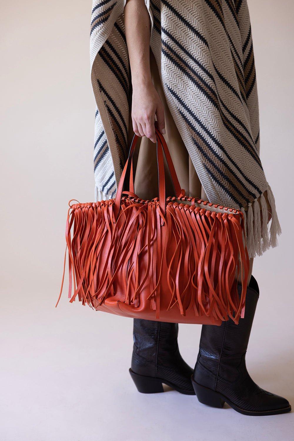 OSCAR DE LA RENTA-Medium Square Fringe Tote-SIENNA