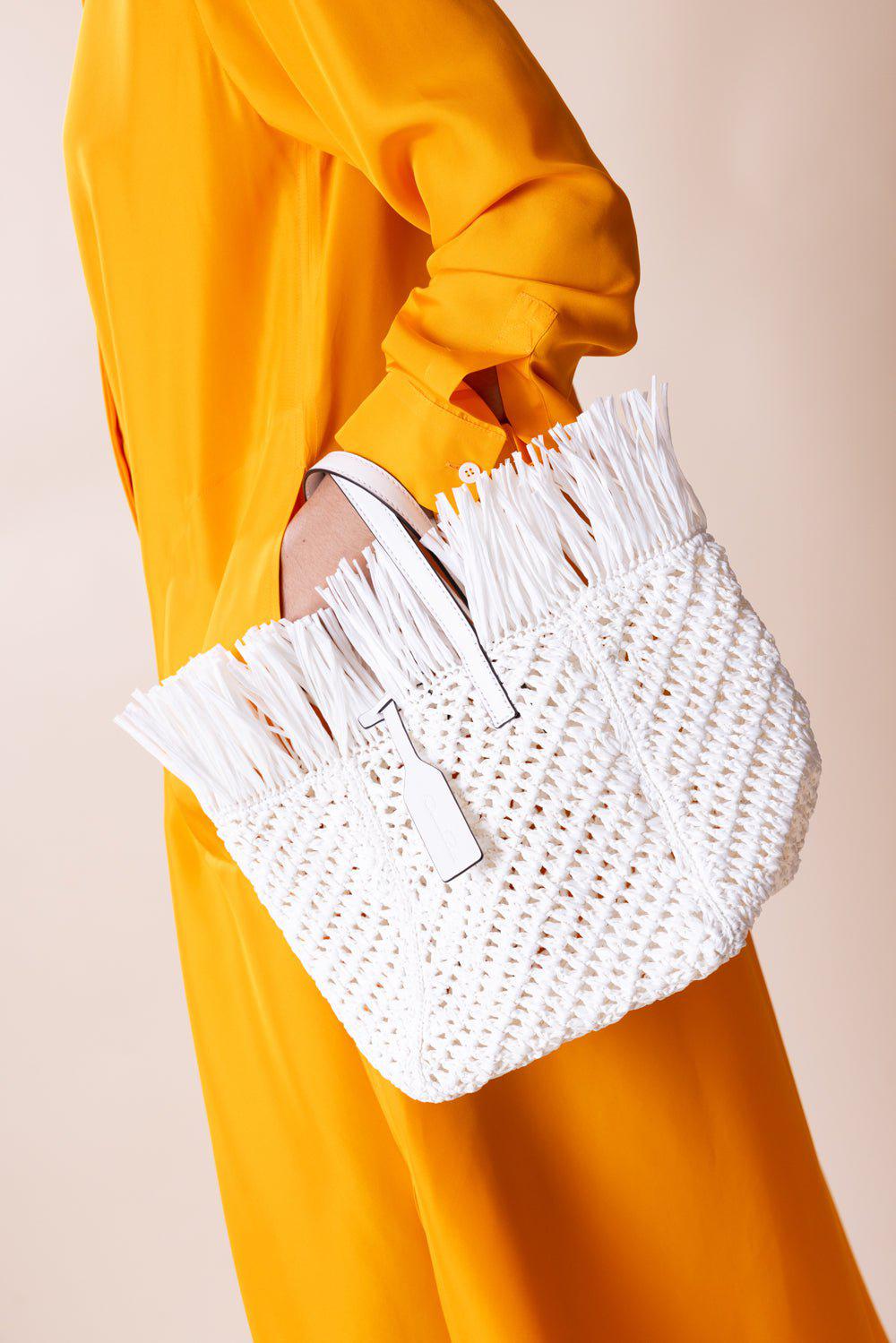 OSCAR DE LA RENTA-Raffia Square Tote - White-WHITE