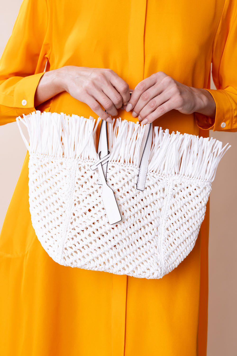 OSCAR DE LA RENTA-Raffia Square Tote - White-WHITE
