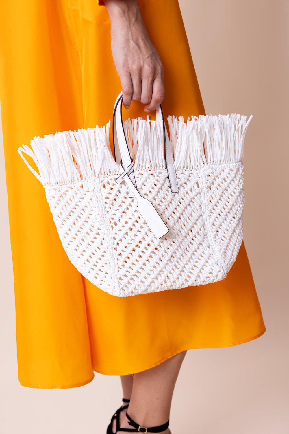 OSCAR DE LA RENTA-Raffia Square Tote - White-WHITE
