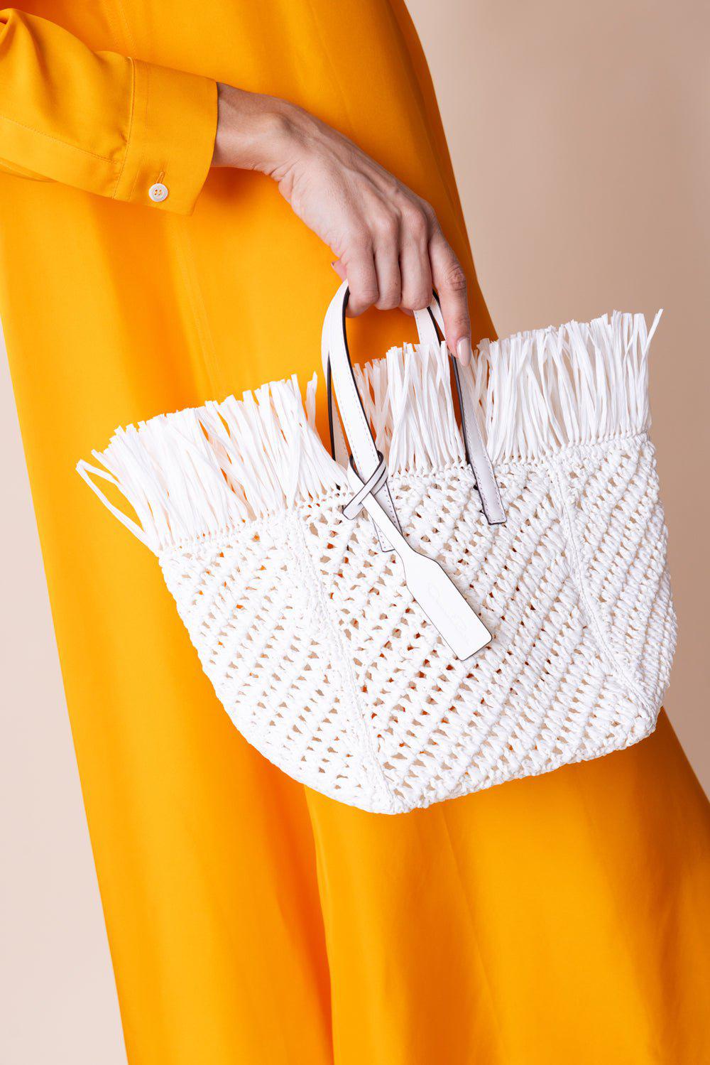 OSCAR DE LA RENTA-Raffia Square Tote - White-WHITE