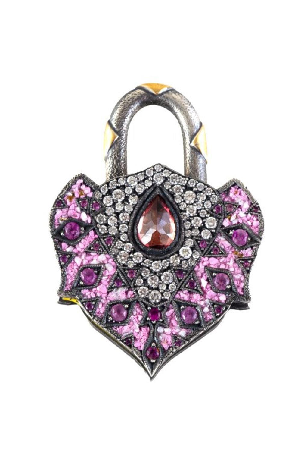 Pink Sapphire Diamond Tourmaline Large Padlock Pendant-YELLOW GOLD-JEWELRYFINE JEWELPENDANT-SEVAN BICAKCI