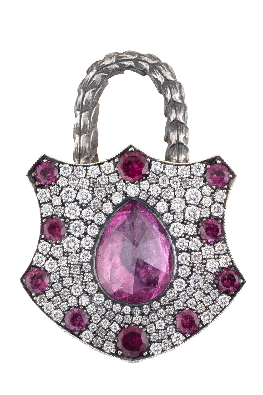 Pink Sapphire Rhodolite Diamond Shield Padlock Pendant
