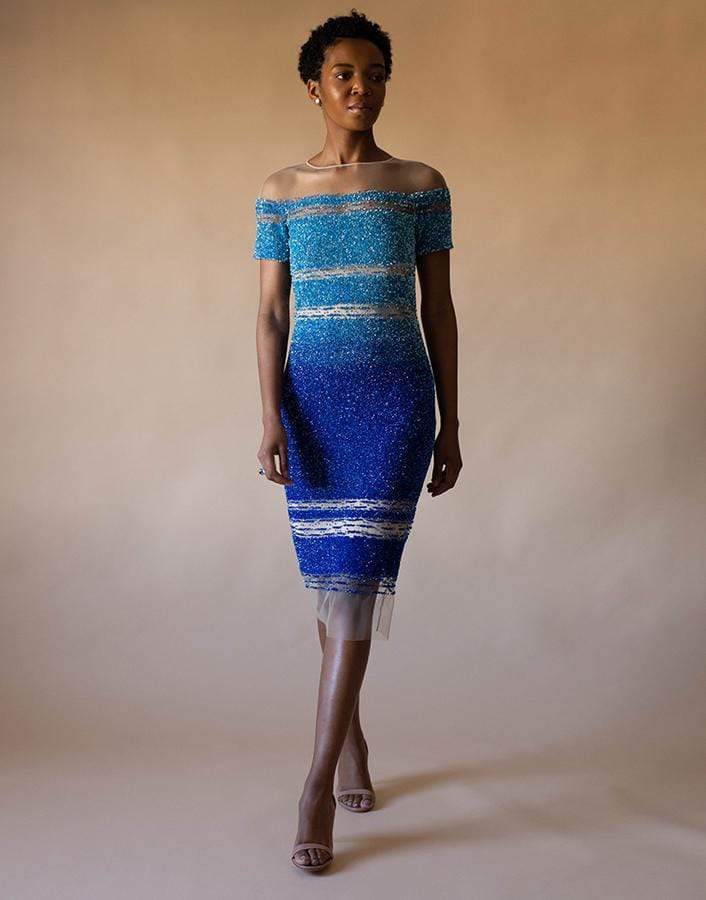 PAMELLA ROLAND-Cobalt and Navy Ombre Sequin Embroidered Cocktail Dress-