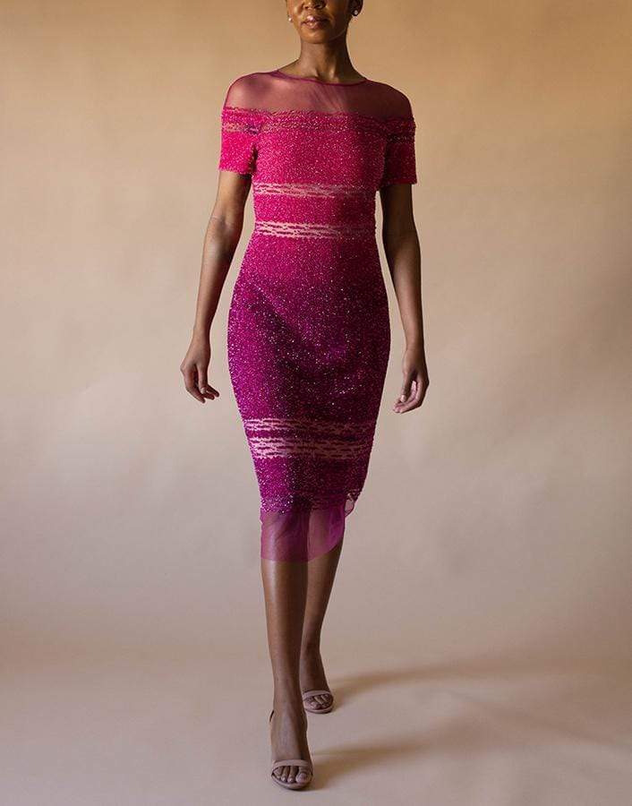PAMELLA ROLAND-Coral and Fuchsia Ombre Sequin Embroidered Cocktail Dress-