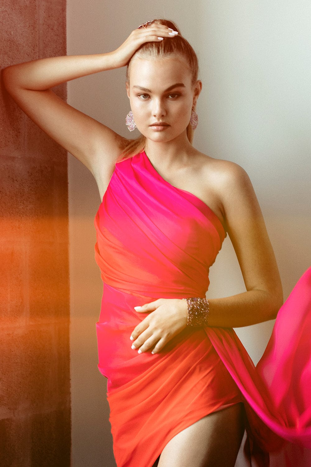 PAMELLA ROLAND-One Shoulder Ombre Pleated Dress-