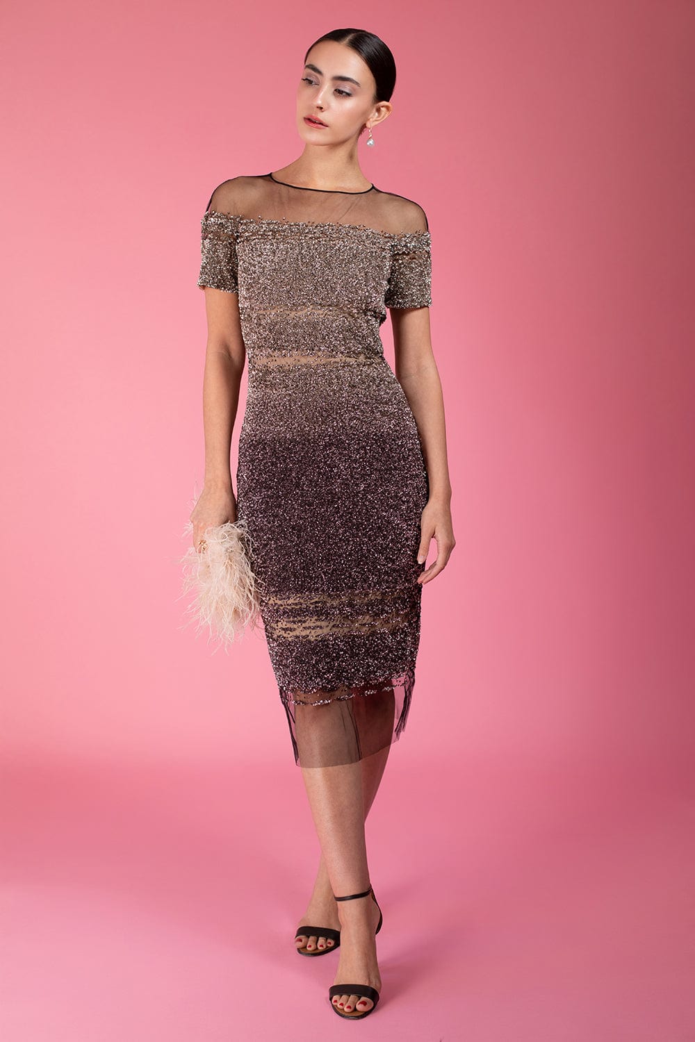 PAMELLA ROLAND-Signature Sequin Cocktail Dress - Smoke Bronze-