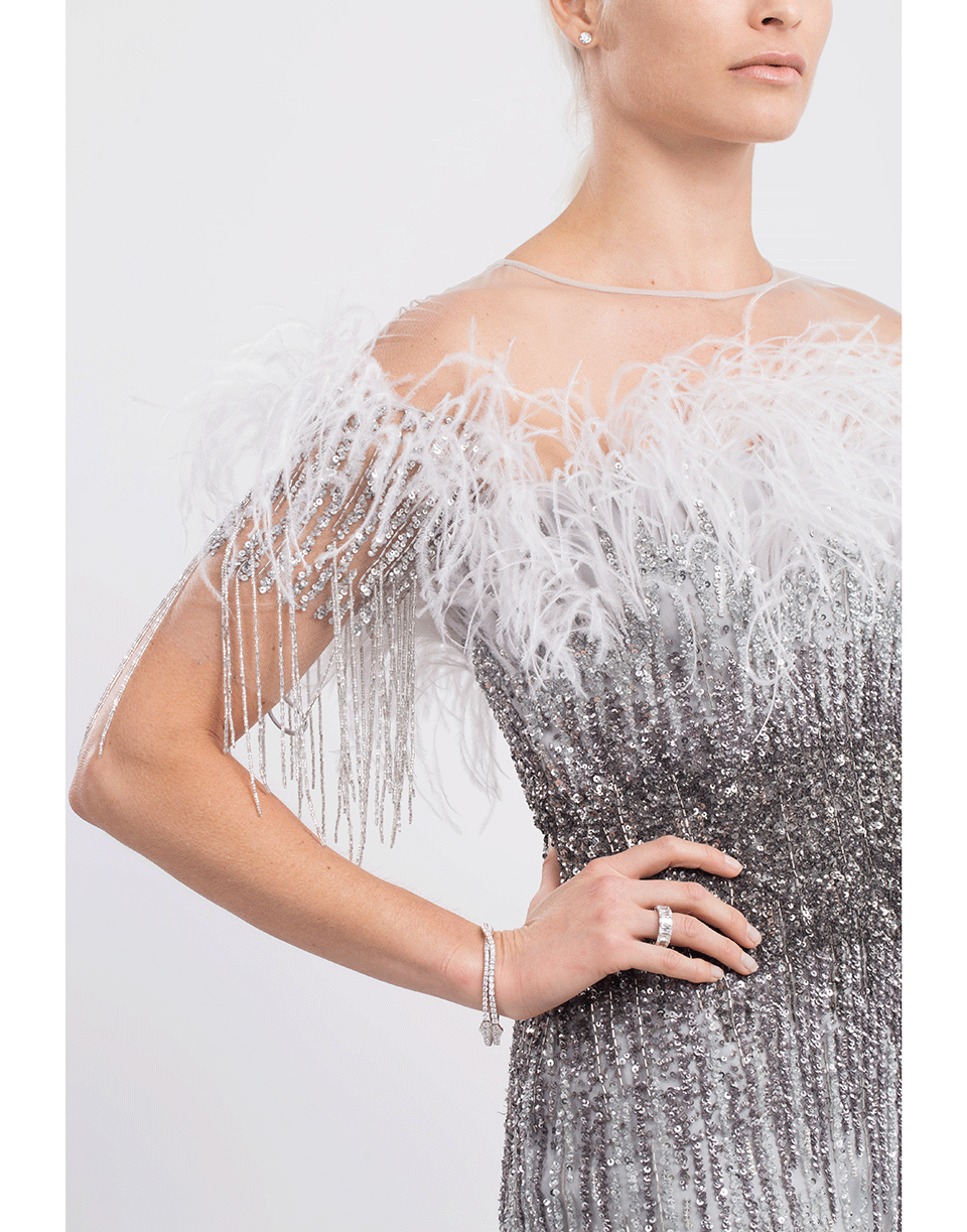 PAMELLA ROLAND-Ostrich Feather Ombre Sequin Dress-GUNMETAL