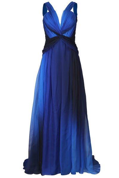 blue ombre pleated satin maxi dress SAU LEE Nova Satin Gown, Blue Ombre / 0
