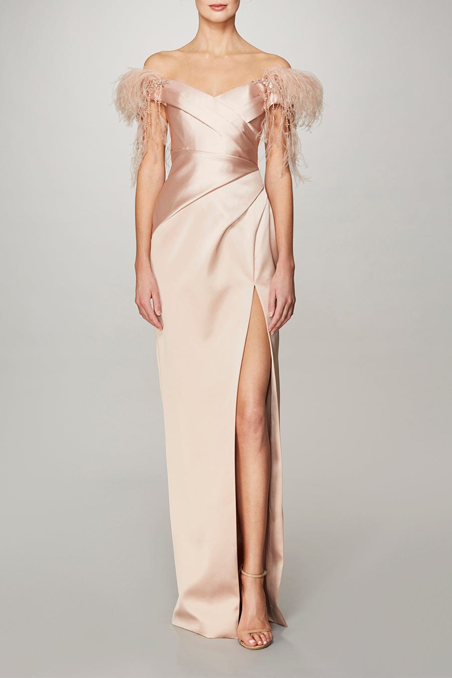 PAMELLA ROLAND-Satin Gown With Feathers-