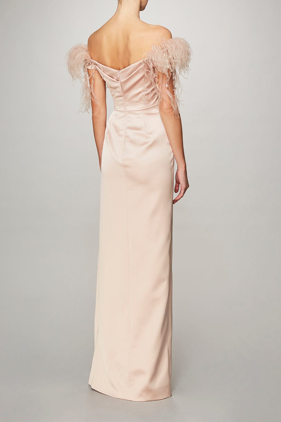PAMELLA ROLAND-Satin Gown With Feathers-