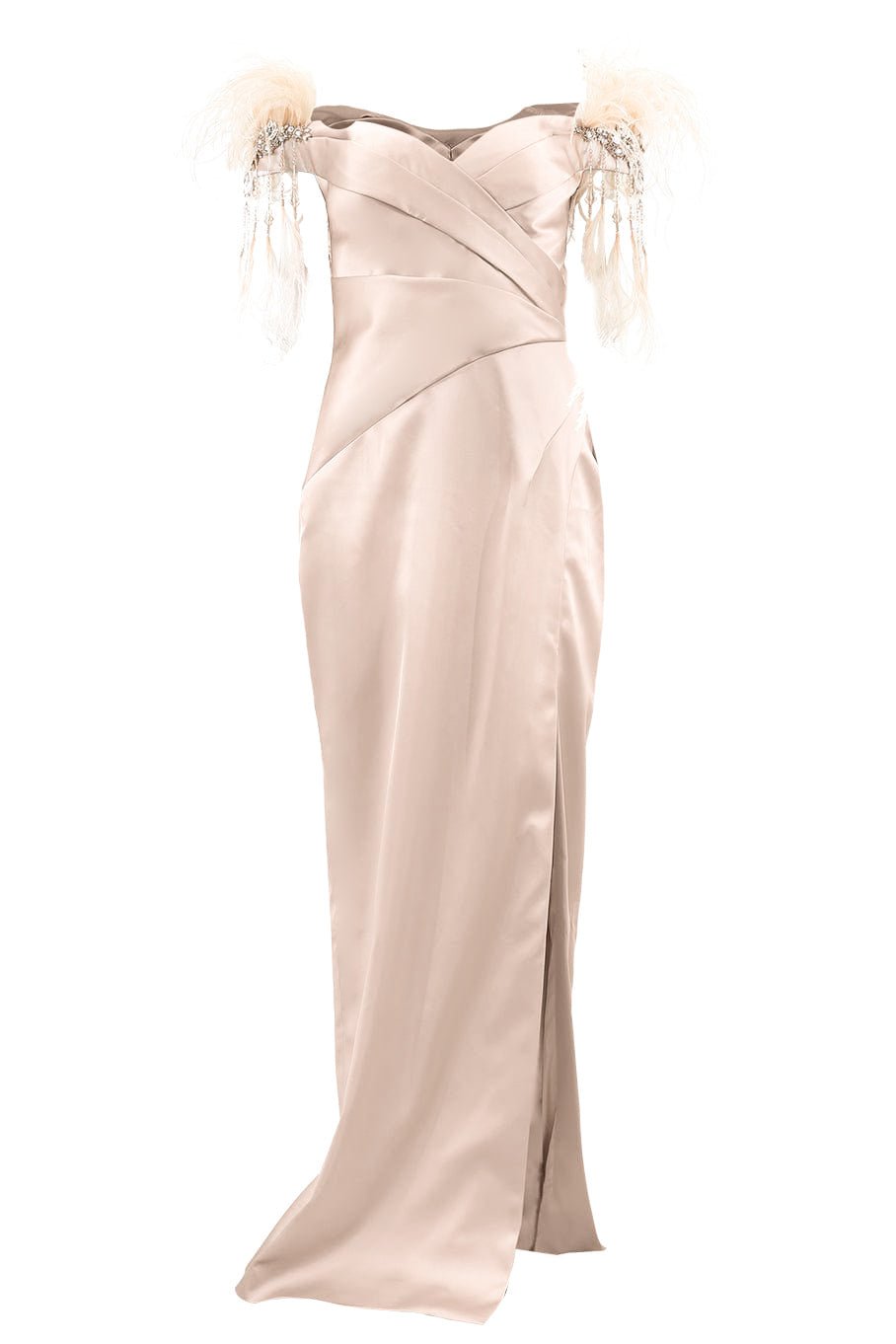 PAMELLA ROLAND-Satin Gown With Feathers-