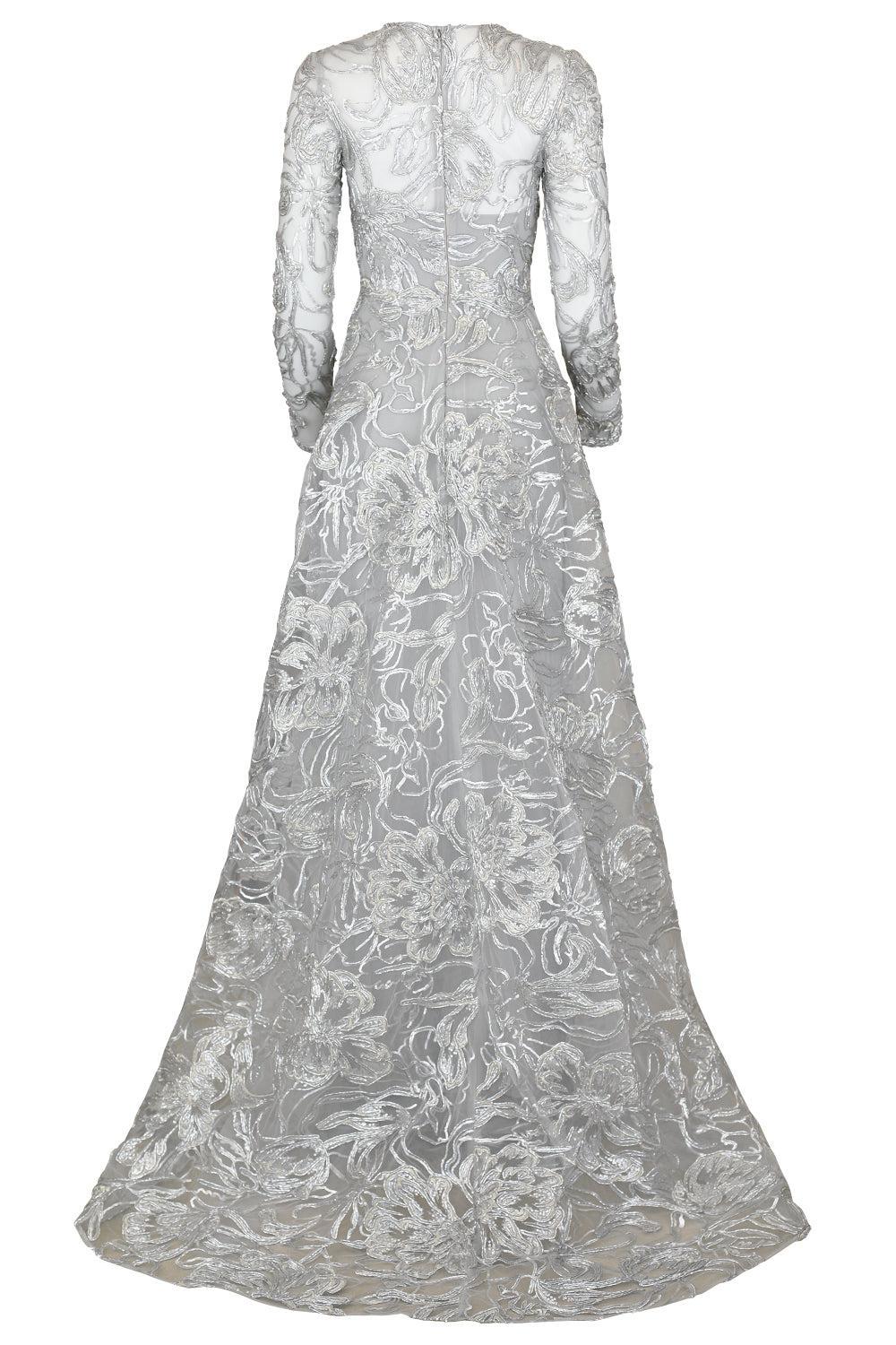  Metallic Floral Long Sleeve Gown-SILVER-4-CLOTHINGDRESSGOWN-PAMELLA ROLAND 