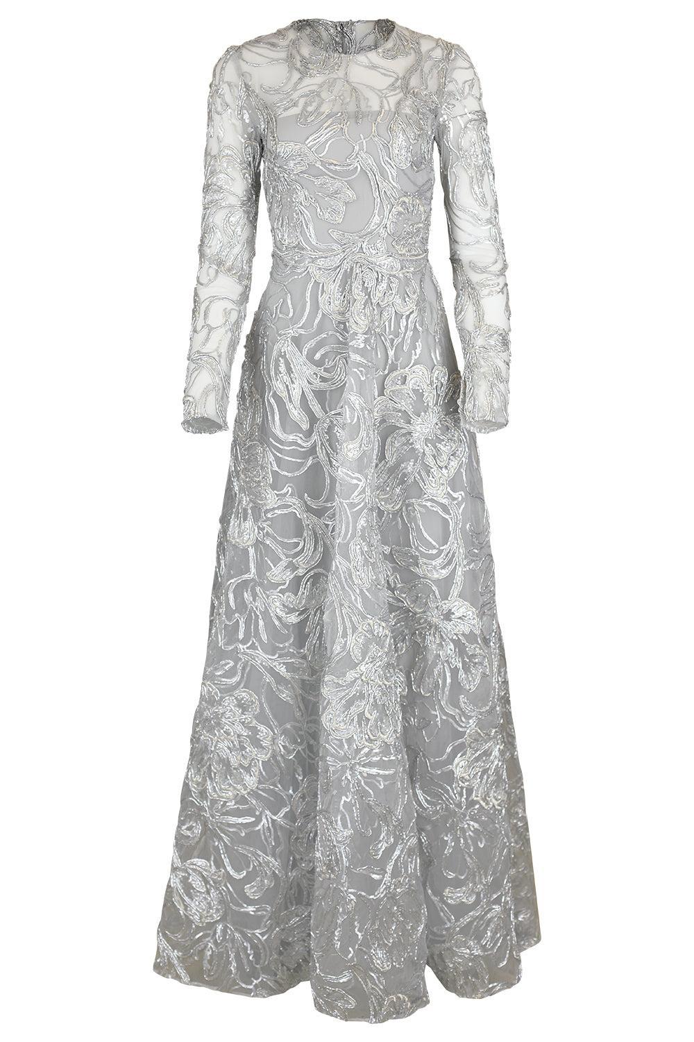 Metallic Floral Long Sleeve Gown-SILVER-4-CLOTHINGDRESSGOWN-PAMELLA ROLAND 
