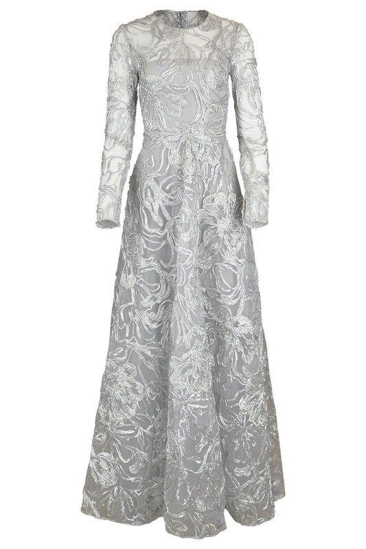 Metallic Floral Long Sleeve Gown-SILVER-4-CLOTHINGDRESSGOWN-PAMELLA ROLAND