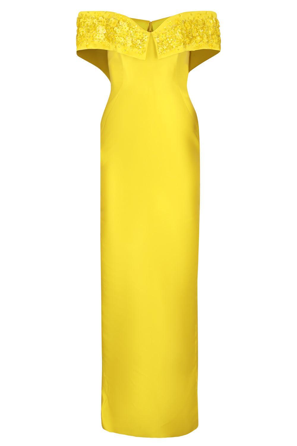 Crystal Embellished Off The Shoulder Gown-YELLOW-4-CLOTHINGDRESSGOWN-PAMELLA ROLAND