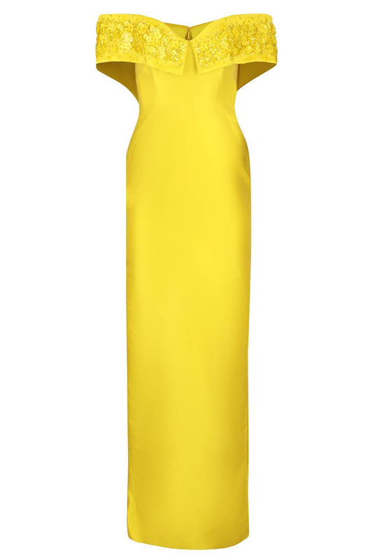 Crystal Embellished Off The Shoulder Gown-YELLOW-4-CLOTHINGDRESSGOWN-PAMELLA ROLAND