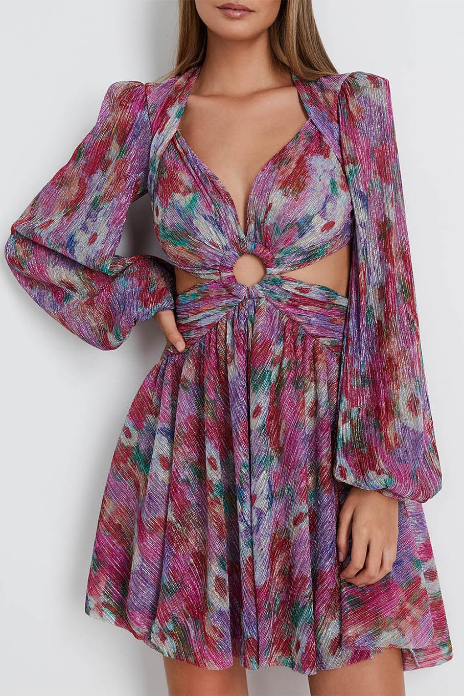 Printed Lurex Cutout Mini Dress