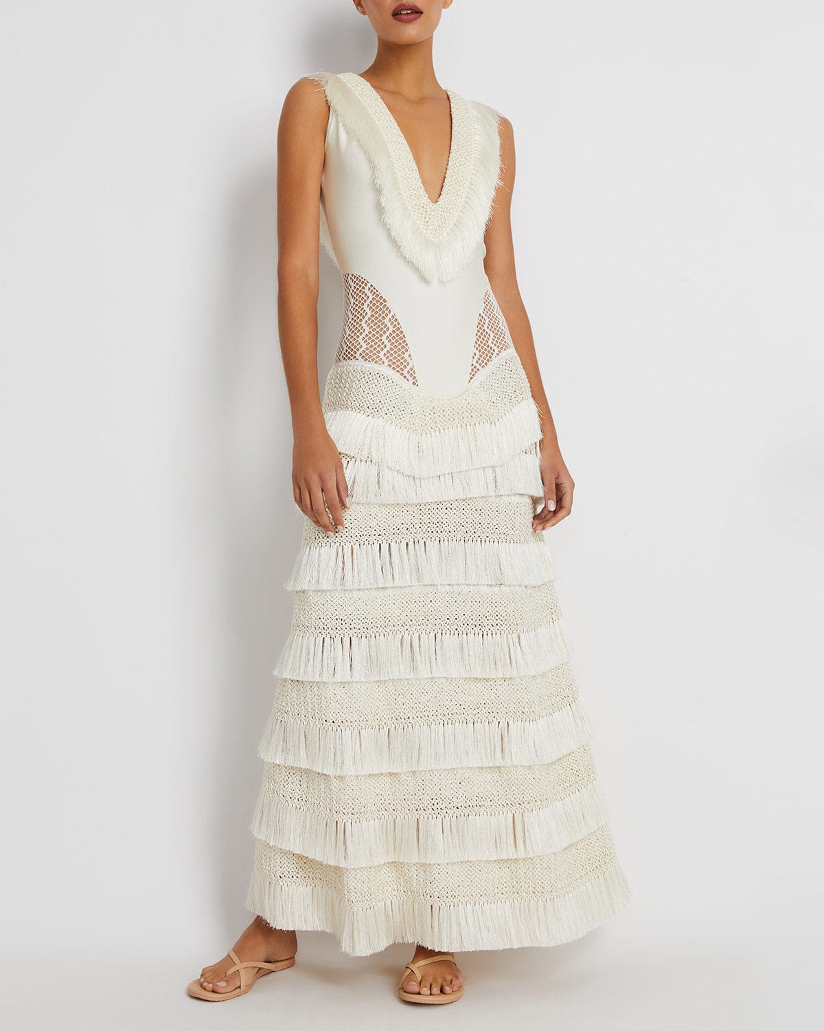 PATBO-Plunging Fringe Maxi Dress-