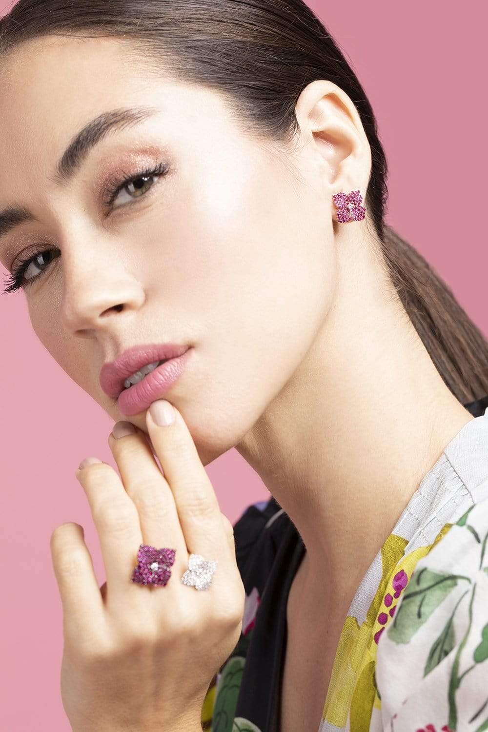 PIRANESI-Pink Sapphire Small Mosaique Flower Earrings-PINKGOLD