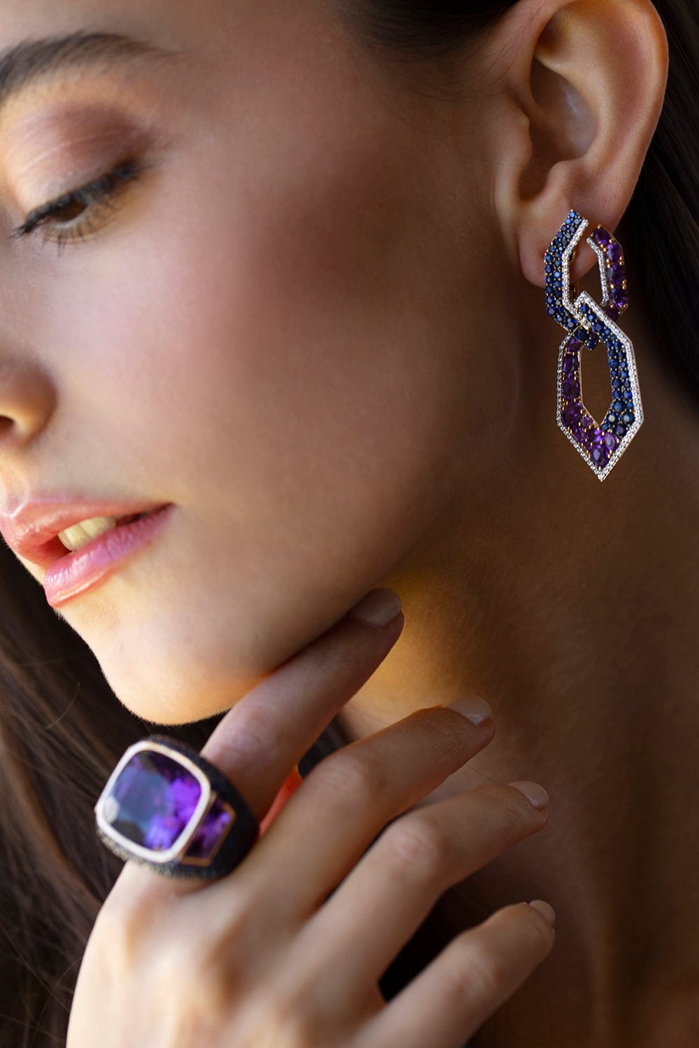 PIRANESI-Amethyst and Blue Sapphire Link Earrings-ROSE GOLD