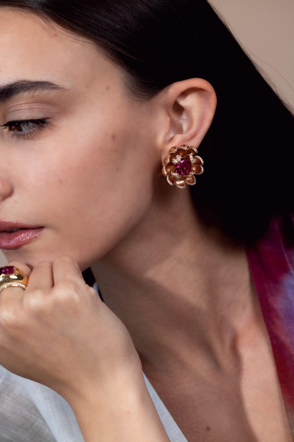 PIRANESI-Rubelite Lotus Flower Earrings-ROSE GOLD