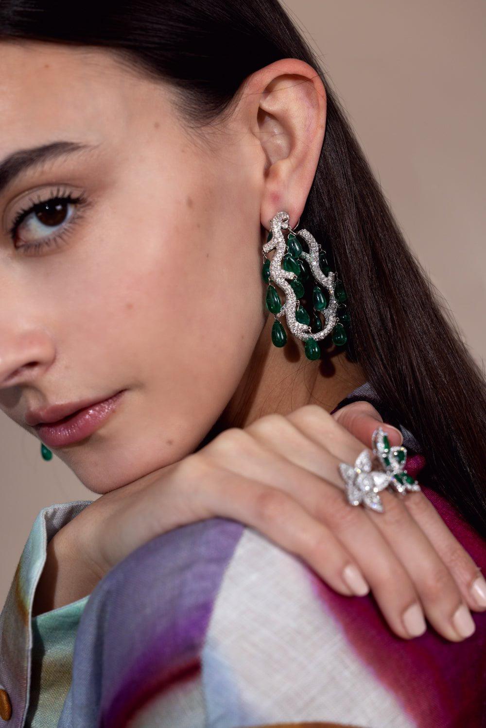 PIRANESI-Cabochon Emerald Diamond Chandelier Earrings-WHITE GOLD