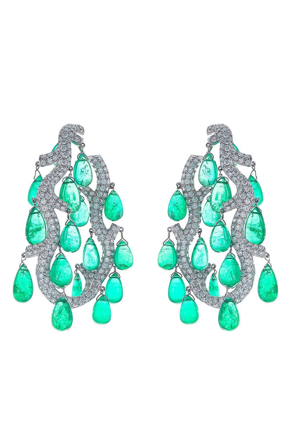 PIRANESI-Cabochon Emerald Diamond Chandelier Earrings-WHITE GOLD