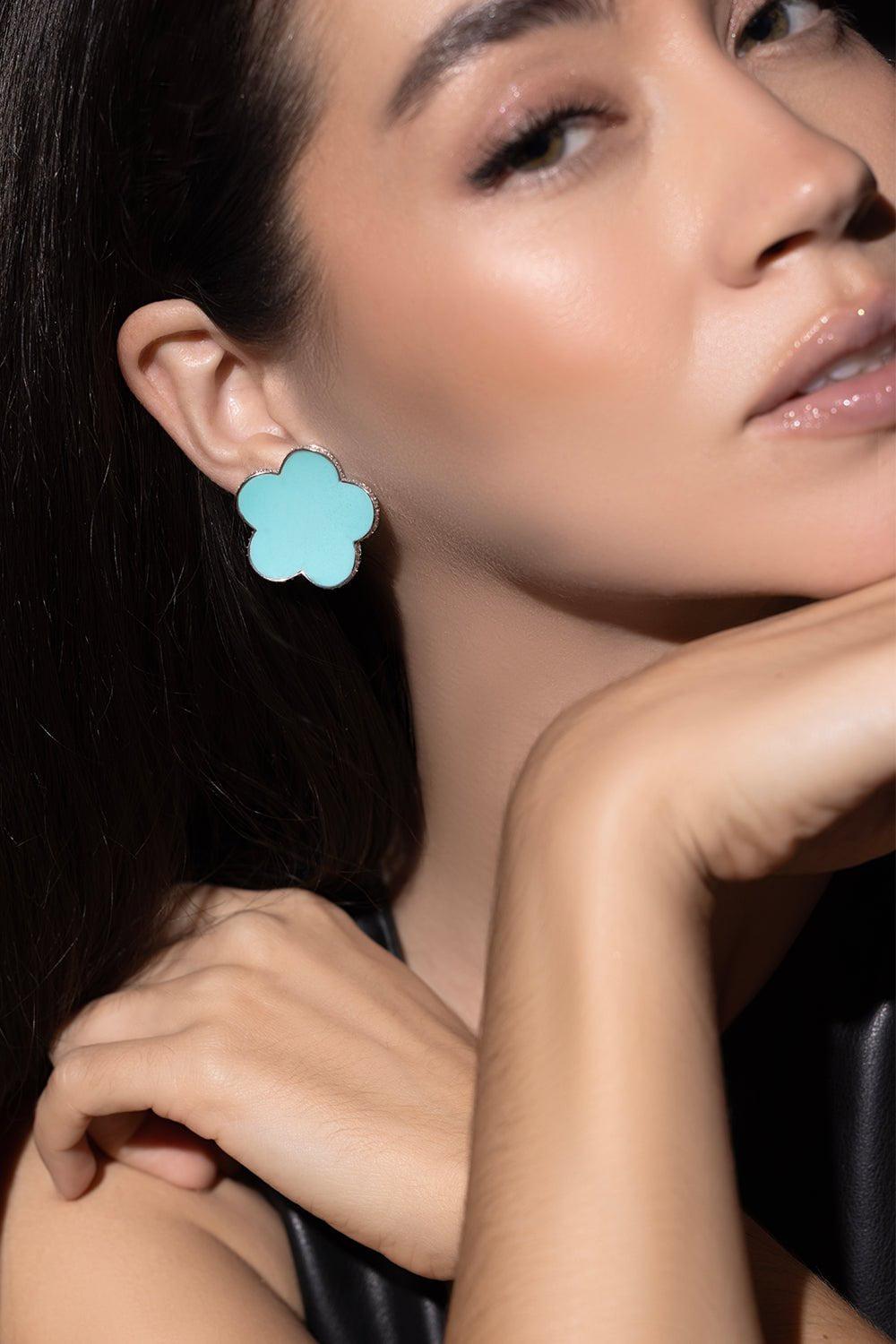 PIRANESI-Large Turquoise Flower Earrings-WHITE GOLD