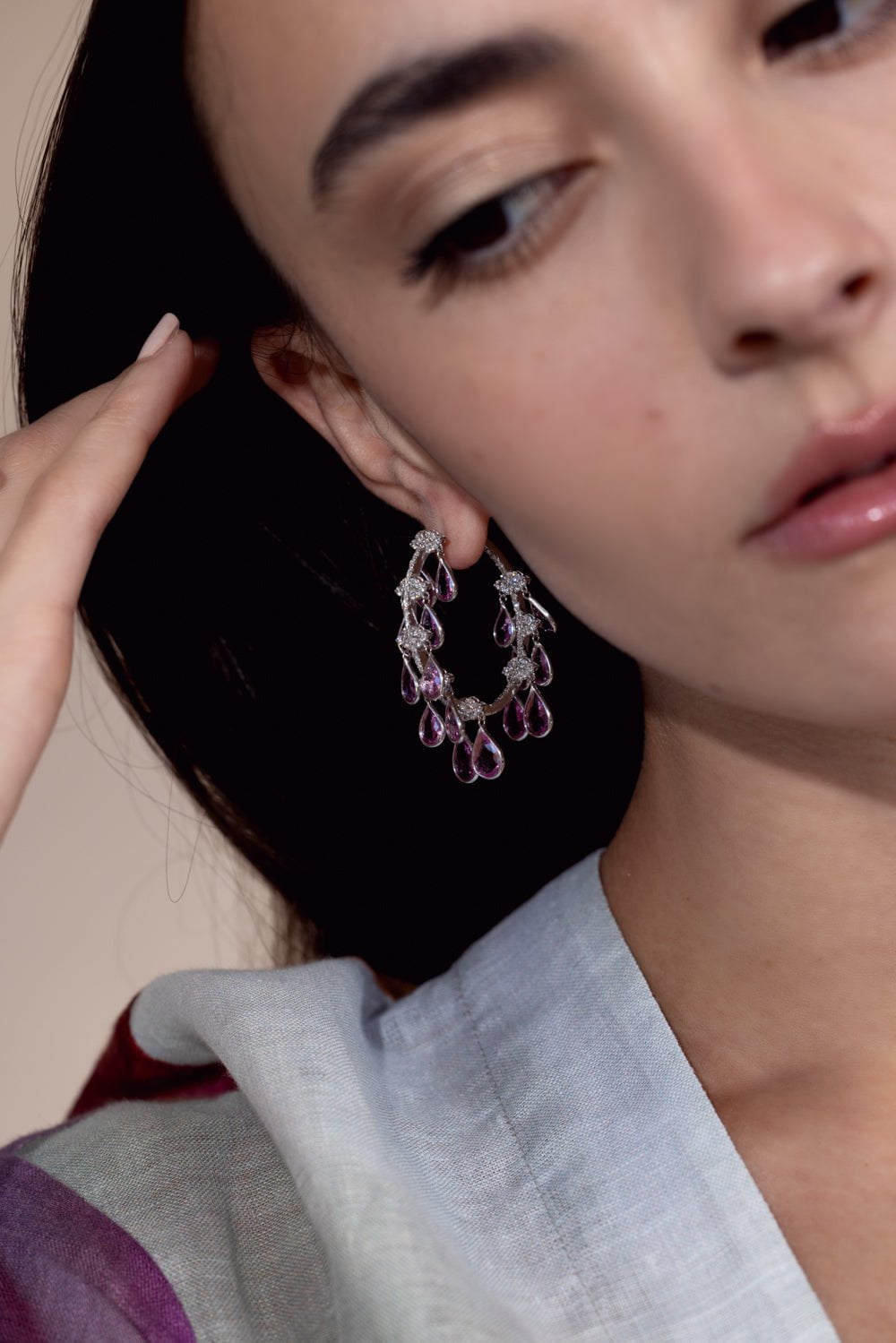 PIRANESI-Pink Sapphire Briolette Hoop Earrings-WHITE GOLD