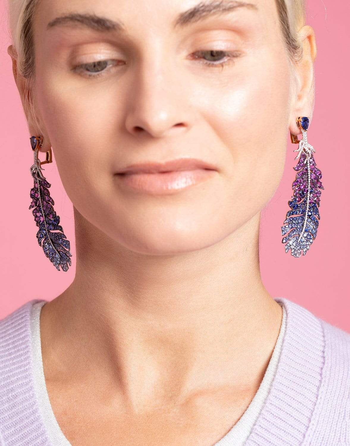 PIRANESI-Sapphire and Amethyst Feather Earrings-WHITE GOLD