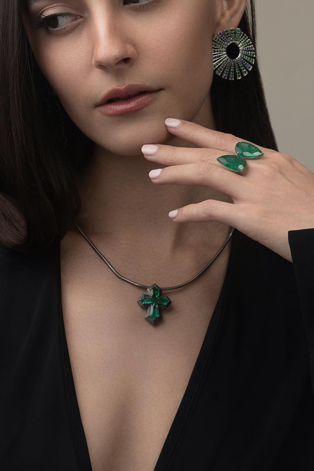 Tsavorite Sapphire Fan Earrings-WHITE GOLD-JEWELRYFINE JEWELEARRING-PIRANESI