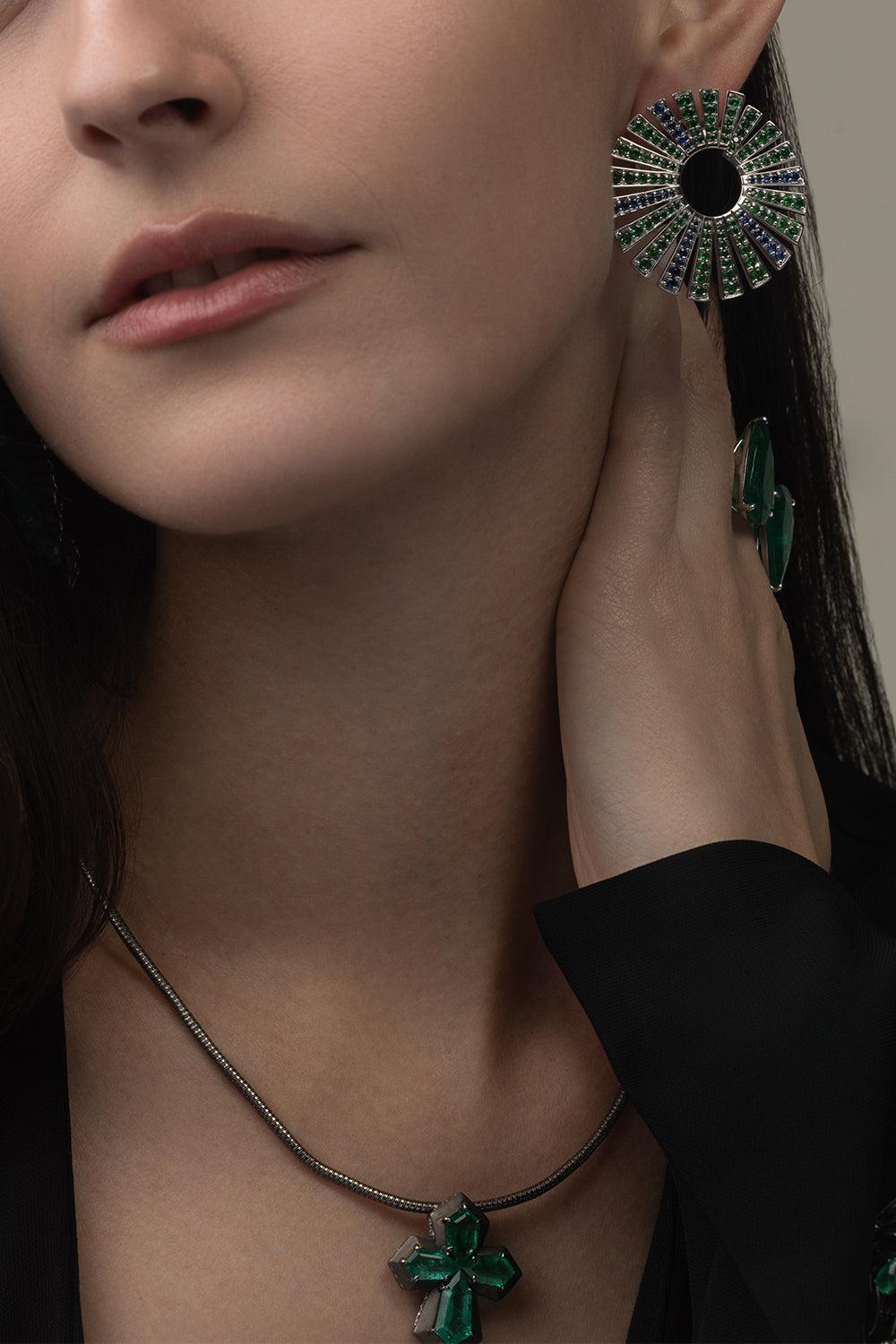 Tsavorite Sapphire Fan Earrings-WHITE GOLD-JEWELRYFINE JEWELEARRING-PIRANESI