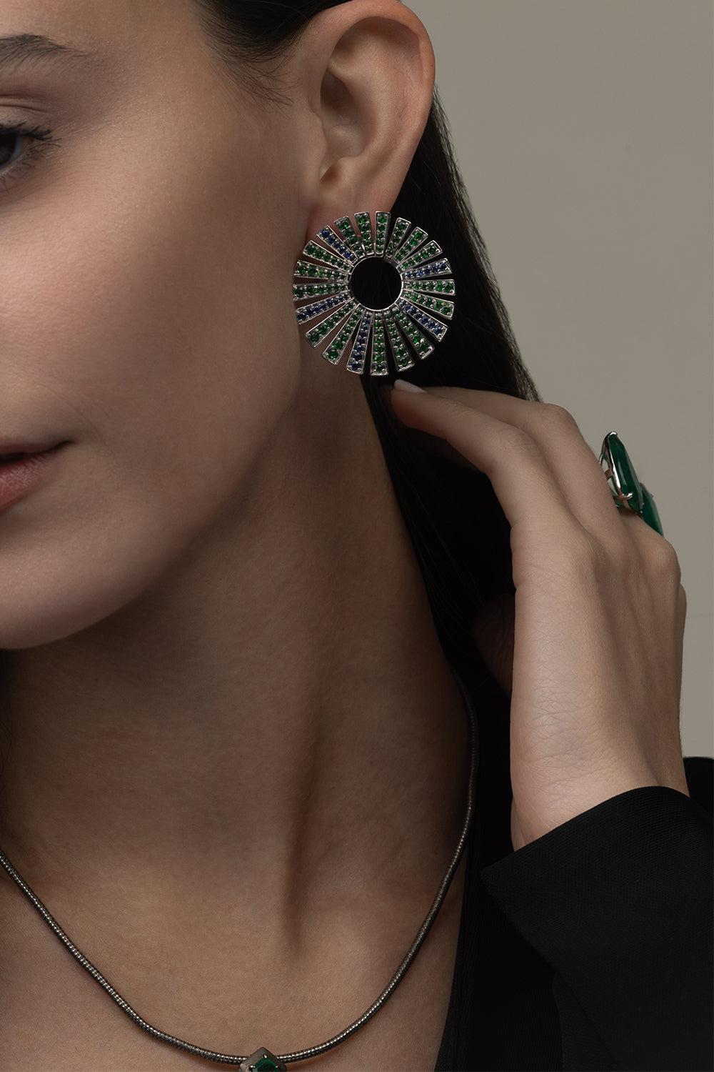 Tsavorite Sapphire Fan Earrings-WHITE GOLD-JEWELRYFINE JEWELEARRING-PIRANESI