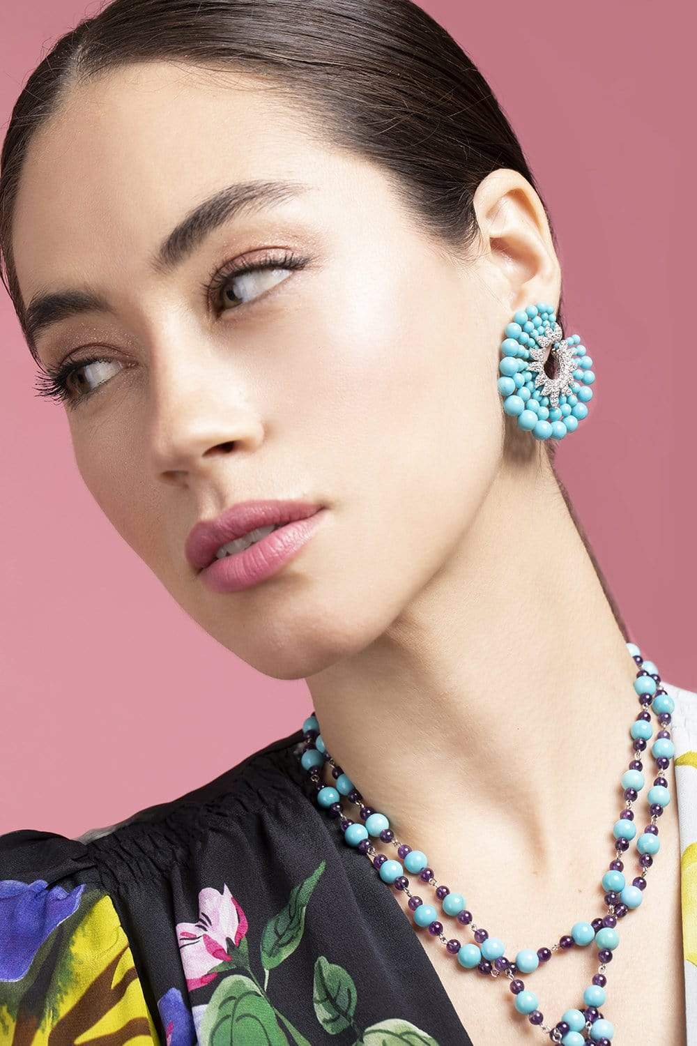 PIRANESI-Turquoise Bead Forward Hoops-WHITE GOLD