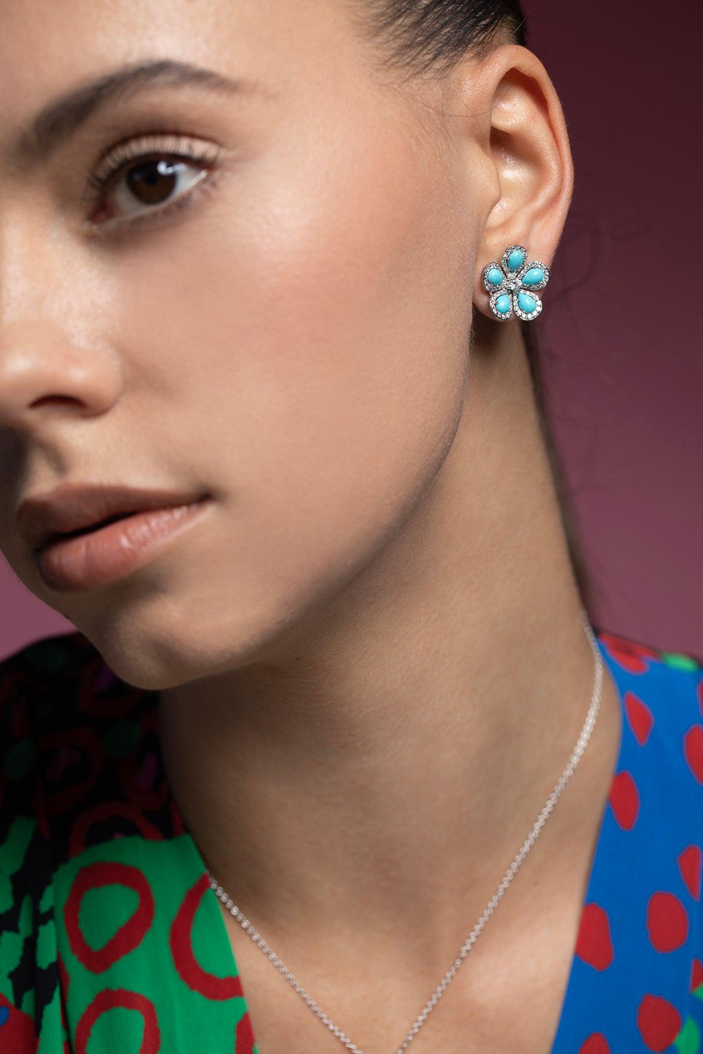 PIRANESI-Turquoise Diamond Flower Earrings-WHITE GOLD