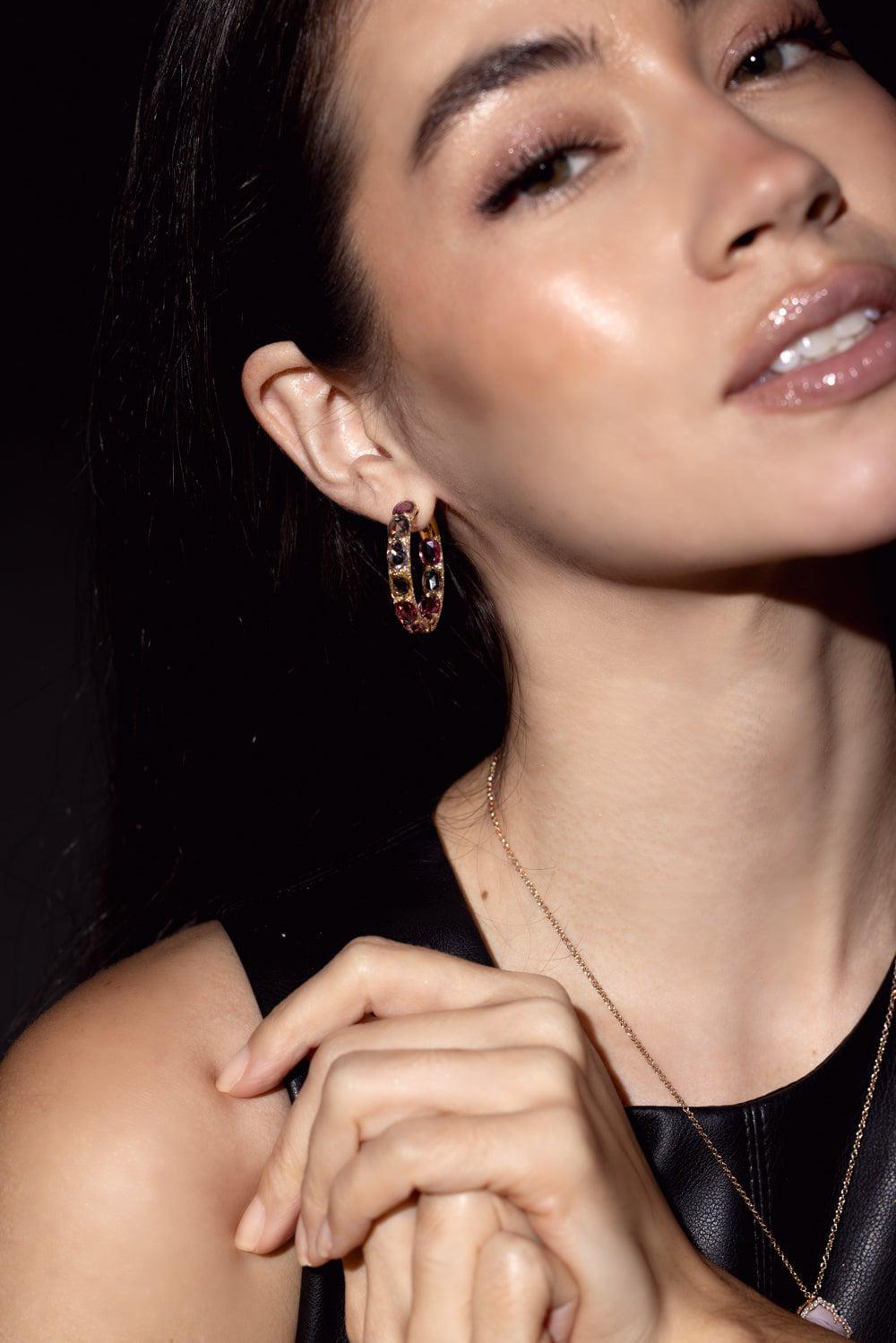 PIRANESI-Multicolor Sapphire Diamond Hoop Earrings-YELLOW GOLD