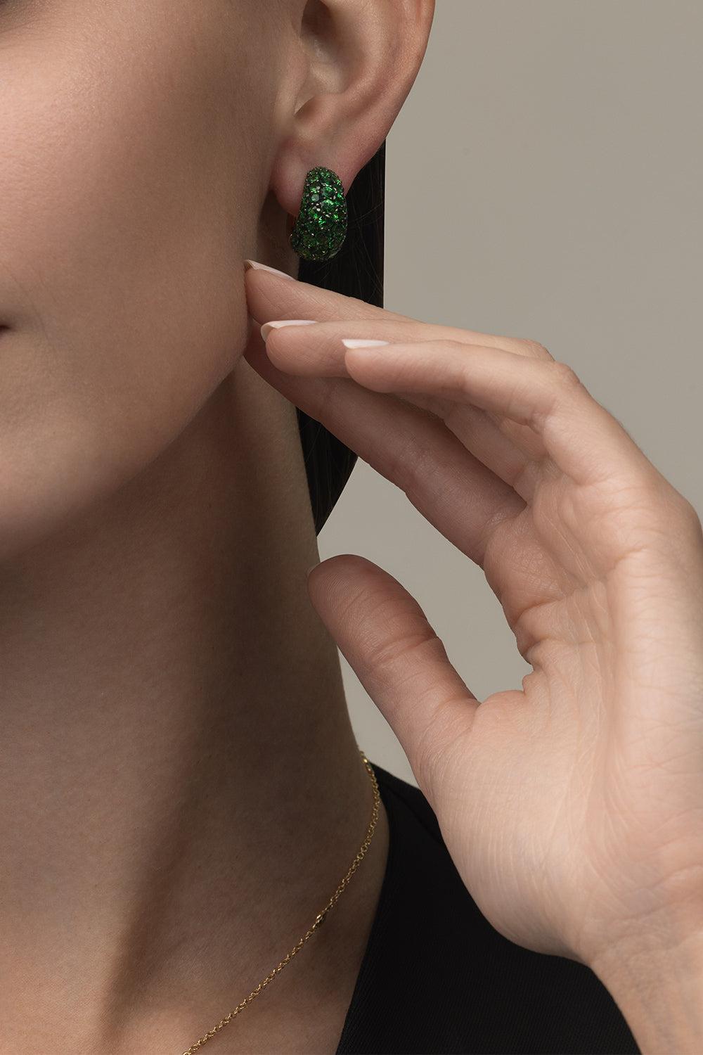 Tsavorite Dome Huggie Earrings-YELLOW GOLD-JEWELRYFINE JEWELEARRING-PIRANESI