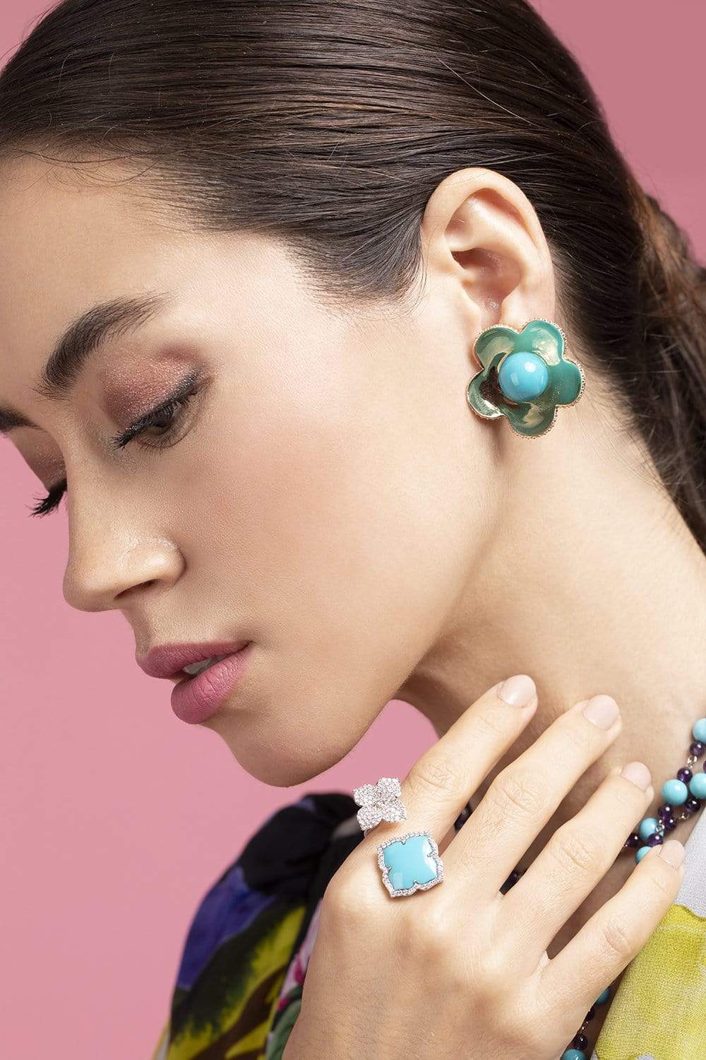 PIRANESI-Turquoise Bead Flower Earrings-YELLOW GOLD