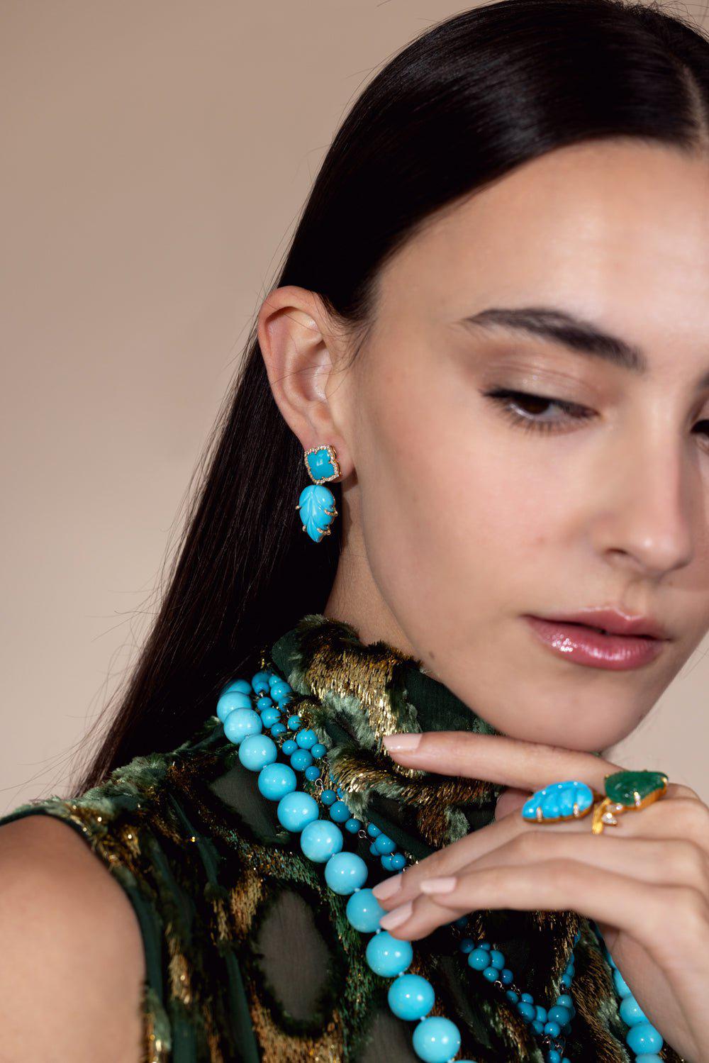 PIRANESI-Turquoise Leaf Drop Earrings-YELLOW GOLD
