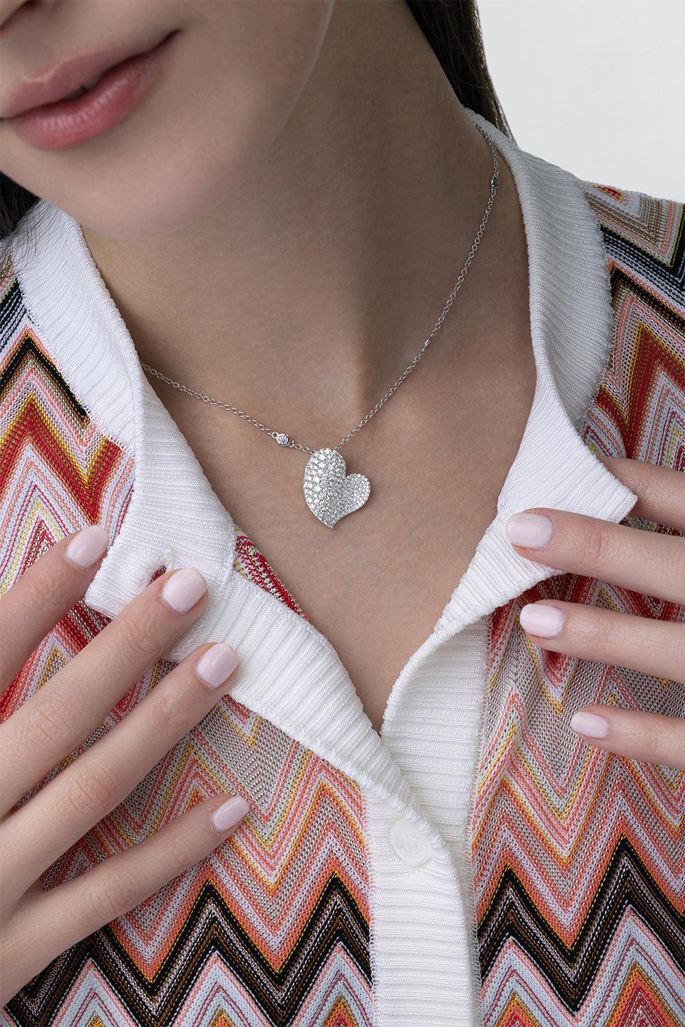 Diamond Medium Wave Heart Necklace-WHITE GOLD-18-JEWELRYFINE JEWELNECKLACE O-PIRANESI