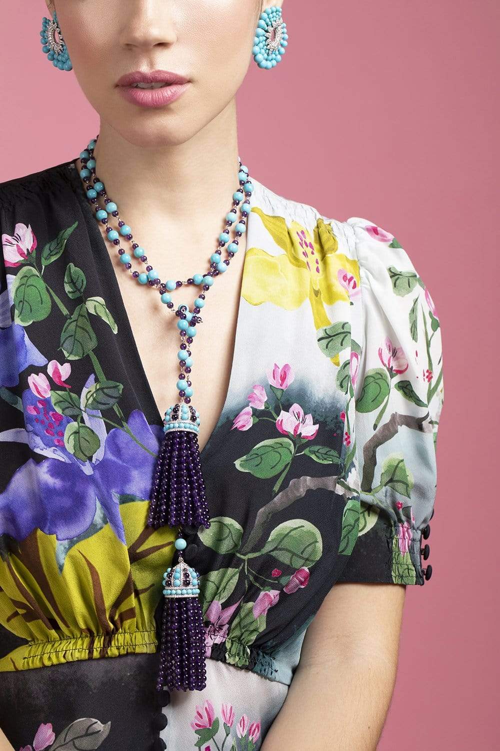 PIRANESI-Amethyst and Turquoise Bead Lariat Necklace-WHITE GOLD