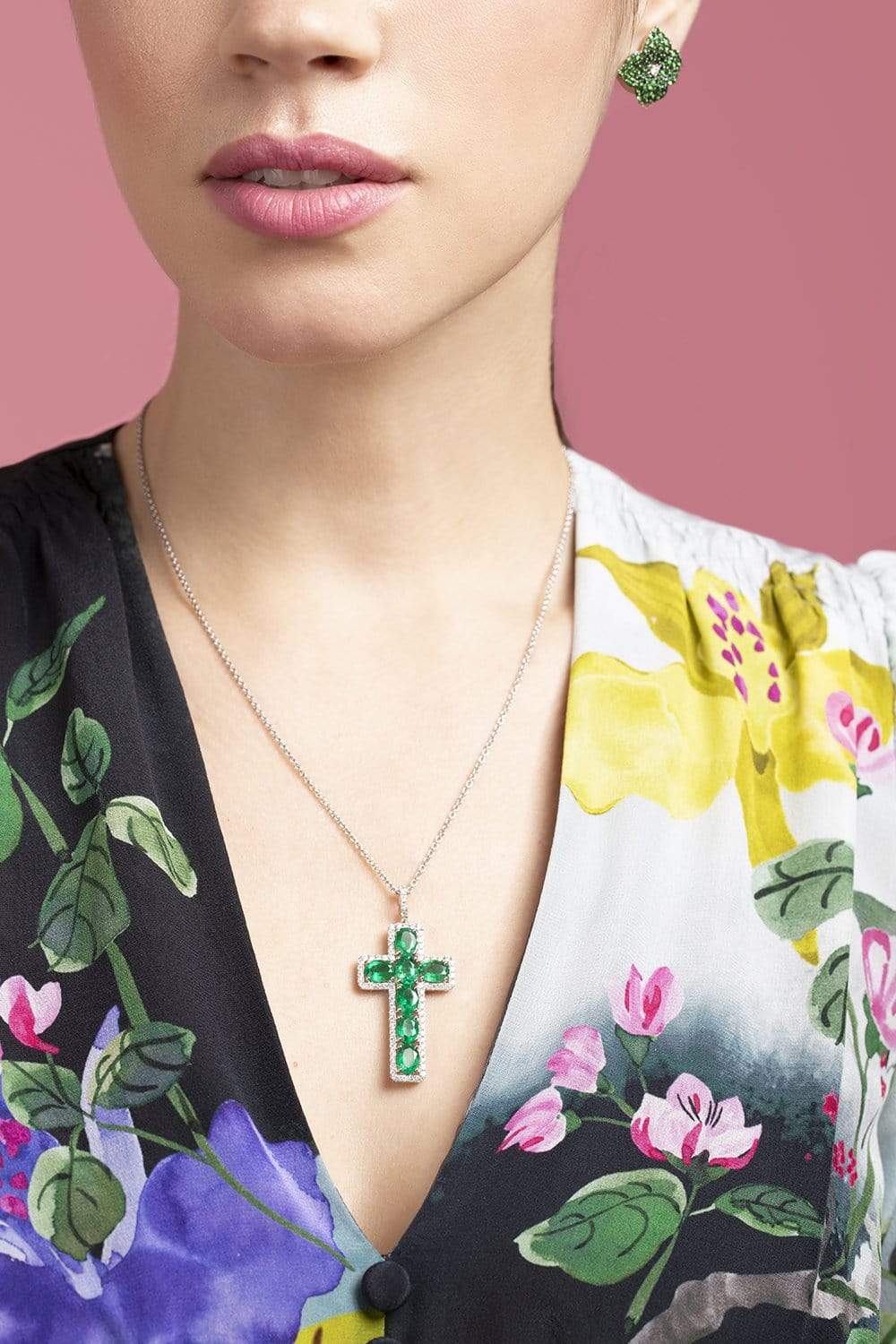 PIRANESI-Zambian Emerald and Diamond Cross Necklace-WHITE GOLD