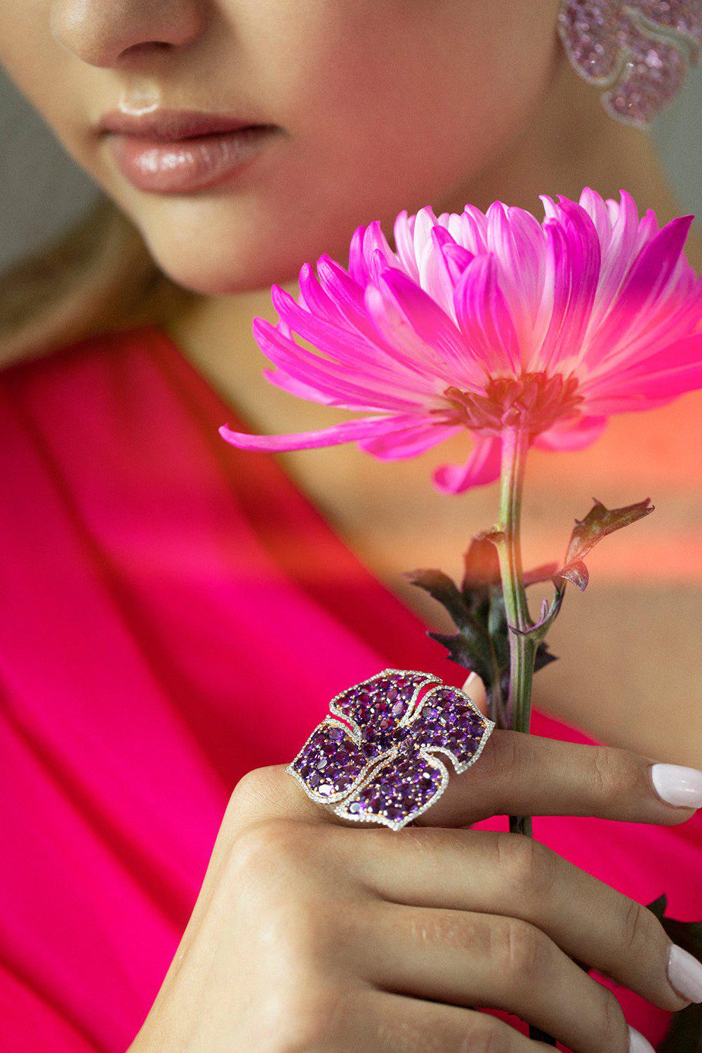PIRANESI-Amethyst Flower Ring-ROSE GOLD