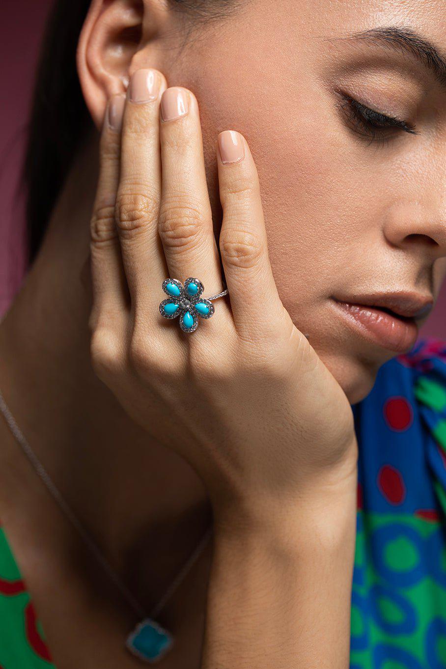 PIRANESI-Turquoise Flower Ring-WHITE GOLD