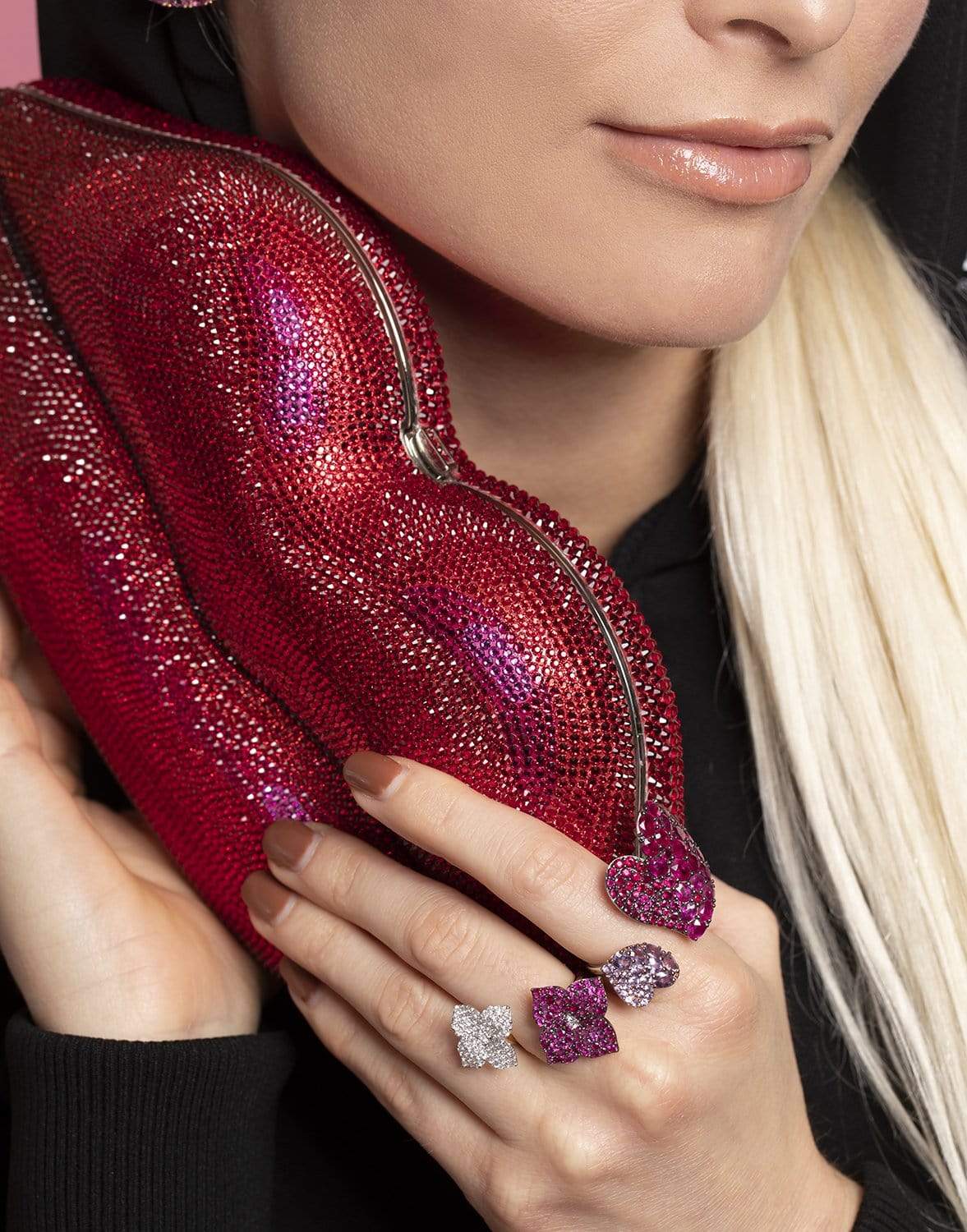PIRANESI-Ruby and Purple Sapphire Double Heart Ring-WHITE GOLD