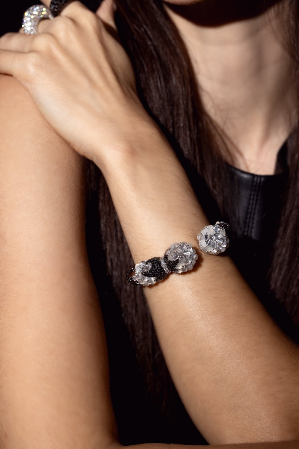 PIRANESI-Moonstone Black Diamond Cuff Bracelet-WHITE GOLD