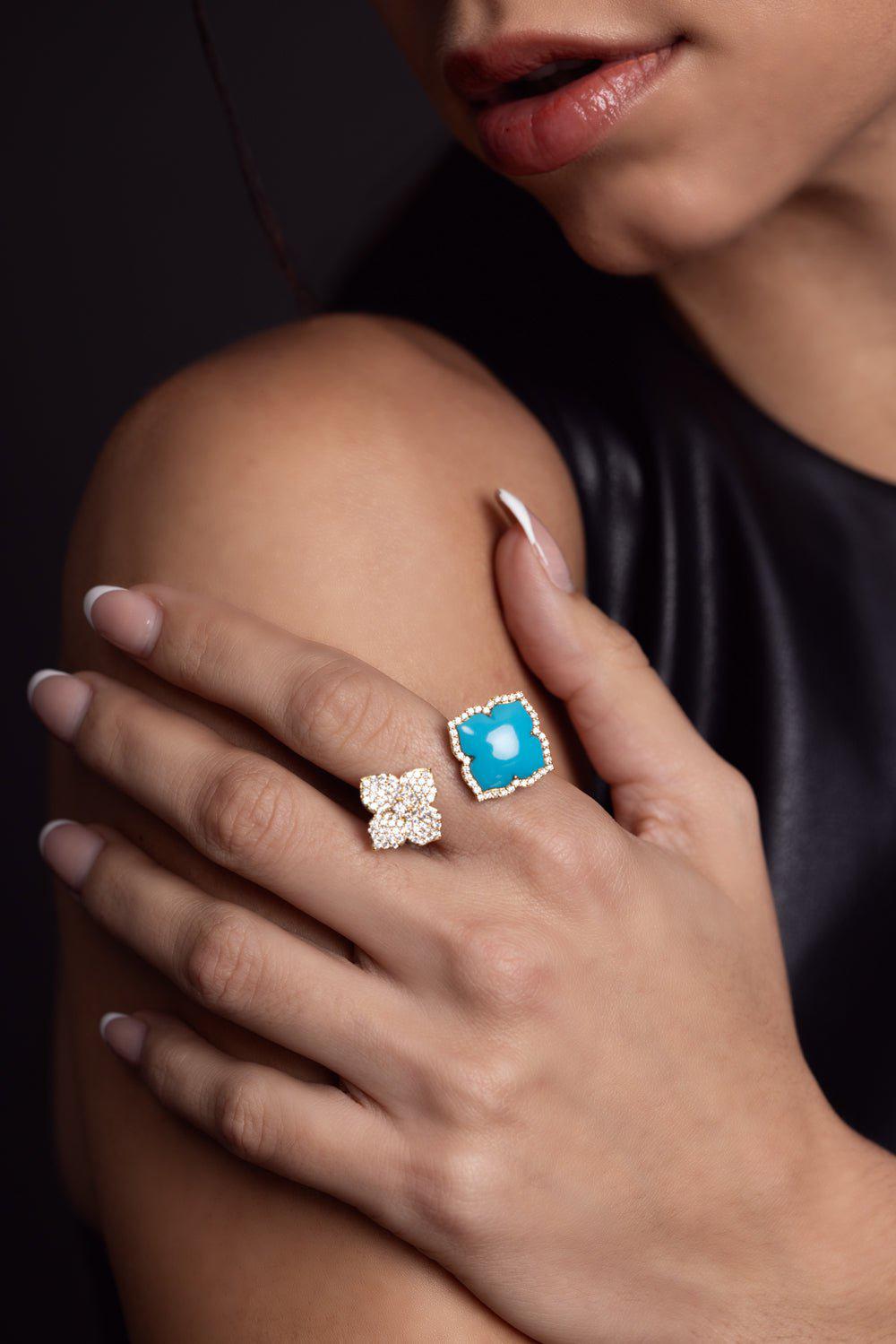 PIRANESI-Capri Turquoise Double Flower Ring-YELLOW GOLD