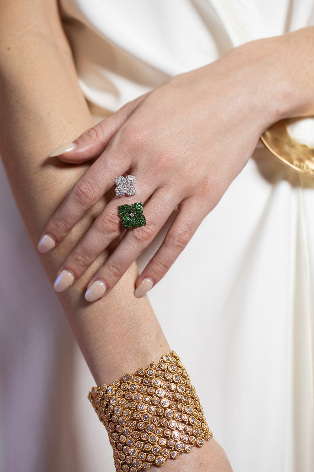 PIRANESI-Tsavorite and Diamond Double Flower Ring-YELLOW GOLD